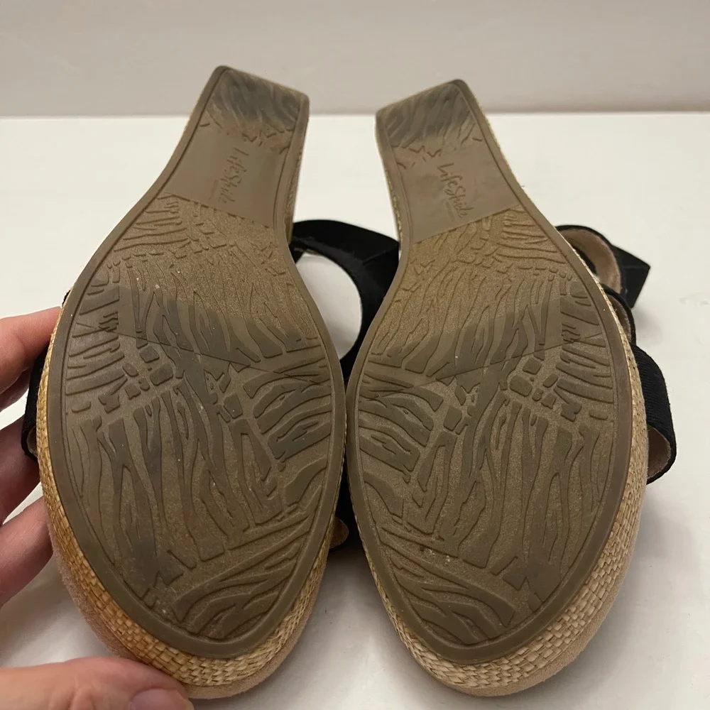 LifeStride Danita Black Wedge Sandals Elastic Straps Raffia Heel Womens‎ 9.5M
